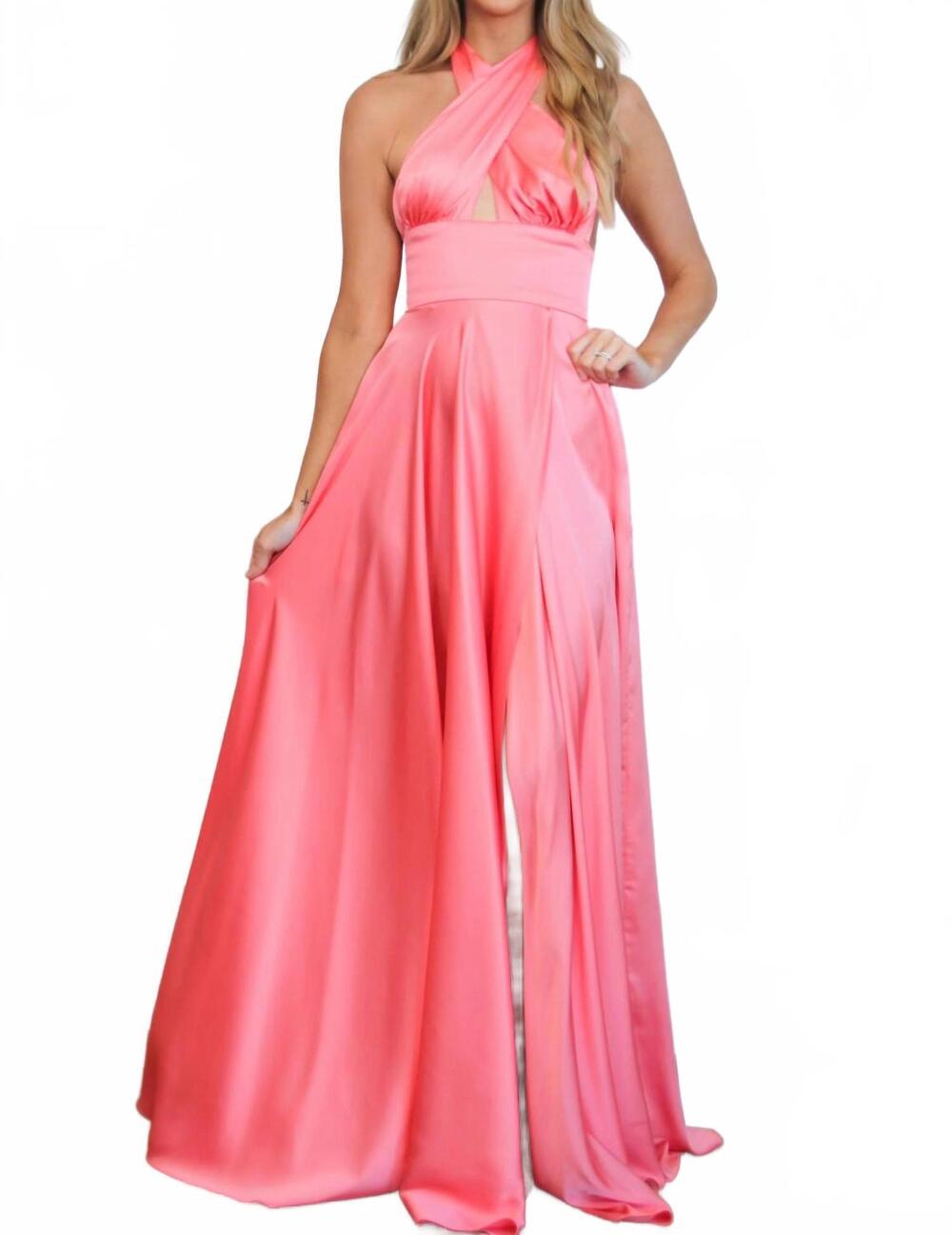 NEW CINDERELLA DIVINE jaycee satin halter neck slit formal dress in bright coral